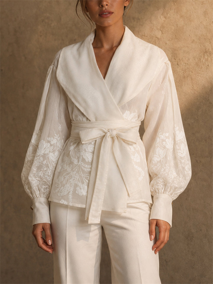 Women Sheer Floral Embroidered Wrap Blouse Lantern Sleeve Top