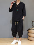 Men's 2Pcs Retro Chinese Style Casual Solid Color 3/4 Sleeve V Neck Outfits