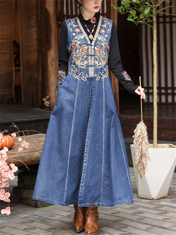 Women's V-neck Sleeveless Floral Embroidery Denim Split Tank Dress