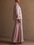 Women 2 Piece Pink Formal Satin Blazer and Maxi Skirt Set