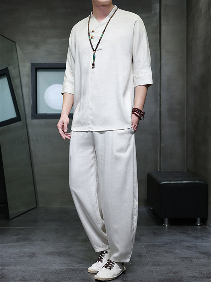 Men's Summer Casual Solid Color Half Sleeve Tang Suit Outfits