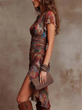 Womens Boho Floral Ruched High Slit V Neck Midi Dress