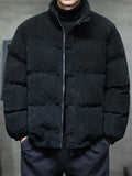 Winter Warm Corduroy Stand Collar Frog Button Puffer Coat for Men