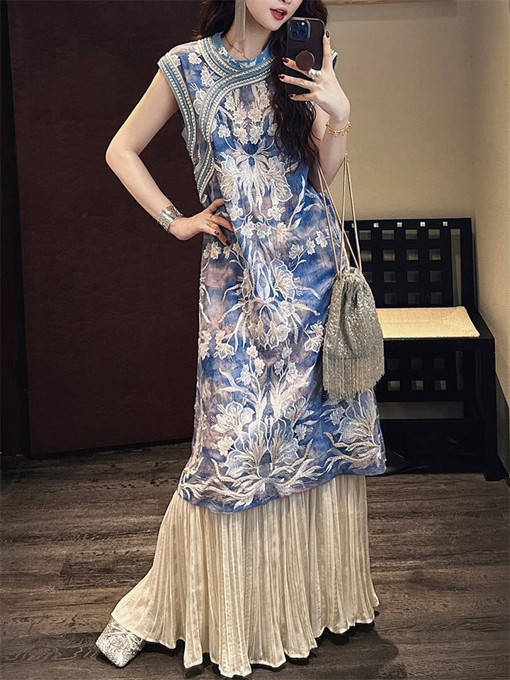 Women's Chinese Style Elegant Flowers Embroidered Patchwork Qipao Dress