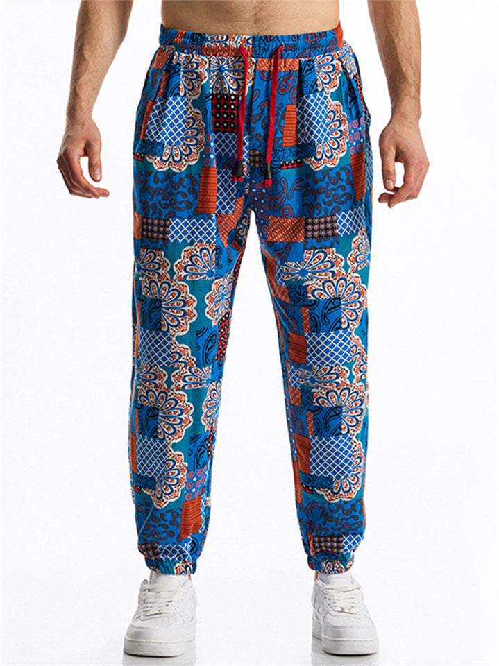 Men's Summer Retro Ethnic Style Print Drawstring Jogger Pants