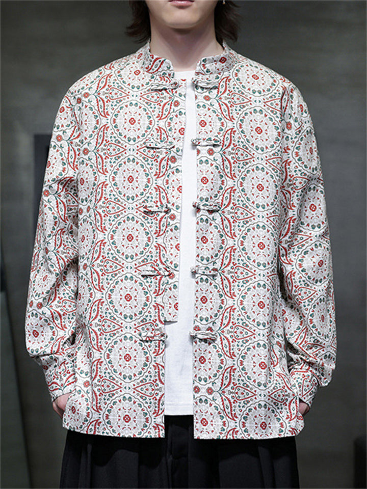 Chinese Style Geometric Print Stand Collar Long Sleeve Jackets for Men