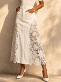 Women High Waist Floral Lace Hollow Out Denim Maxi Skirt