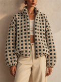 Women Casual Checkered Fleece Zip Up Oversized Teddy Jacket
