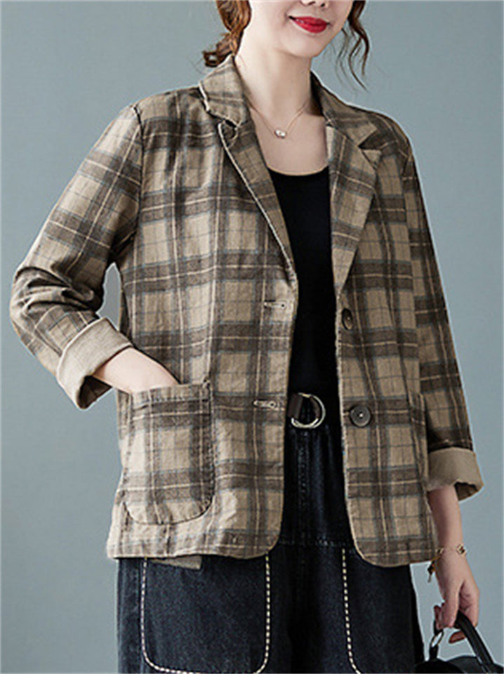 Women's Casual Retro Long Sleeve Plaid Suit Collar Jacket