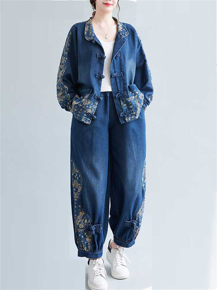 Women's 2Pcs Chinese Style Print Lapel Denim Top & Pants Set