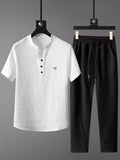 Men's 2Pcs Crown Embroidered V Neck Short Sleeve Solid Color Outfits
