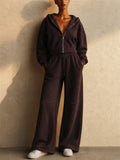 Women Exposed Seams Cropped Zip Hoodie and Wide Leg Pants Lounge Set