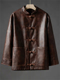 Men's Chinese Style Faux Leather Loose Fit Mandarin Collar Jackets