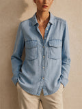 Women Chambray Denim Shirt Button Down Long Sleeve Pockets Top