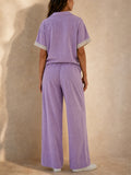 Women Lace Trim 2 Piece Button Down Shirt Wide Leg Pants Set