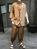 Men's 2Pcs Cool Contrast Color 3/4 Sleeve Stand Collar TangSuit Outfits