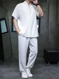 Men's 2Pcs Summer Zen Style Stand Collar Short Sleeve Solid Color Outfits