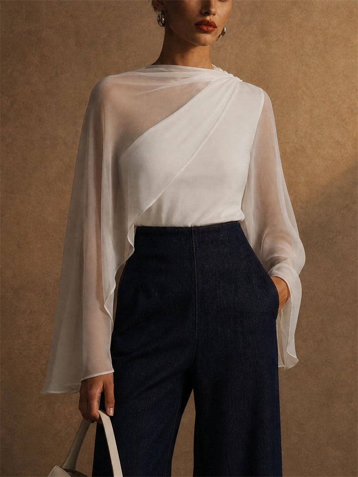 Women White Sheer Mesh Overlay Asymmetric Draped Party Top