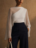 Women White Sheer Mesh Overlay Asymmetric Draped Party Top