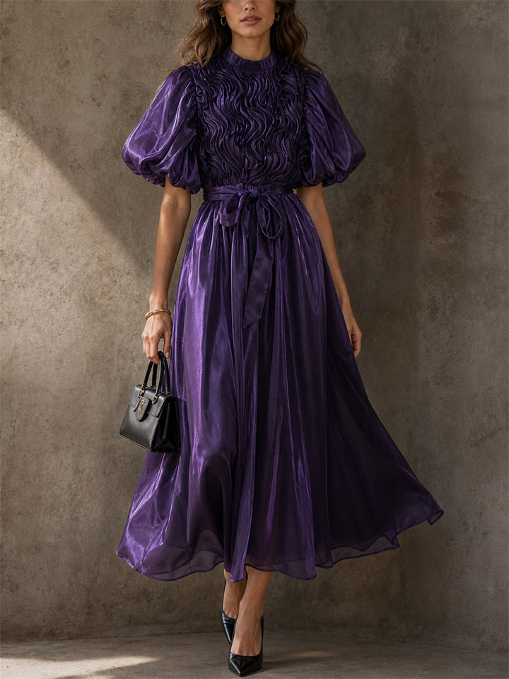 Women Elegant Shiny Puff Sleeve Smocked Maxi Party Dress