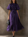 Women Elegant Shiny Puff Sleeve Smocked Maxi Party Dress