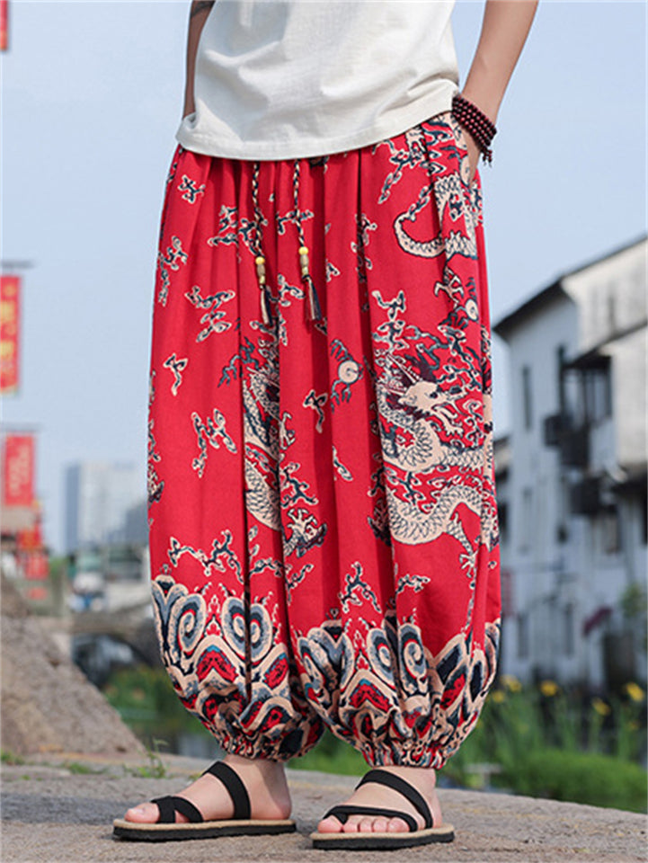 Men's Summer Chinese Style Loong Print Loose Fit Cropped Lantern Pants