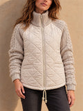 Women Quilted Knit Sleeve Jacket Zip Up Stand Collar Winter Coat