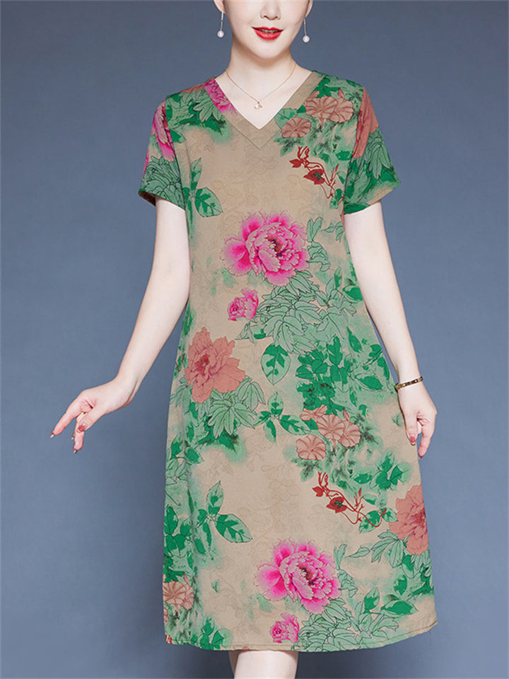 Summer Casual V-neck Floral Print Short Sleeve Dress for Women