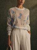 Women Butterfly Graphic Rhinestone Beaded Crewneck Sweater