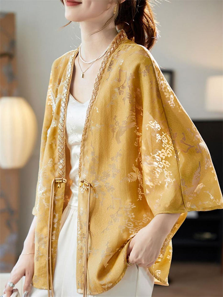 Women's Yellow Beaded BatWing Sleeve Cardigan Shirts