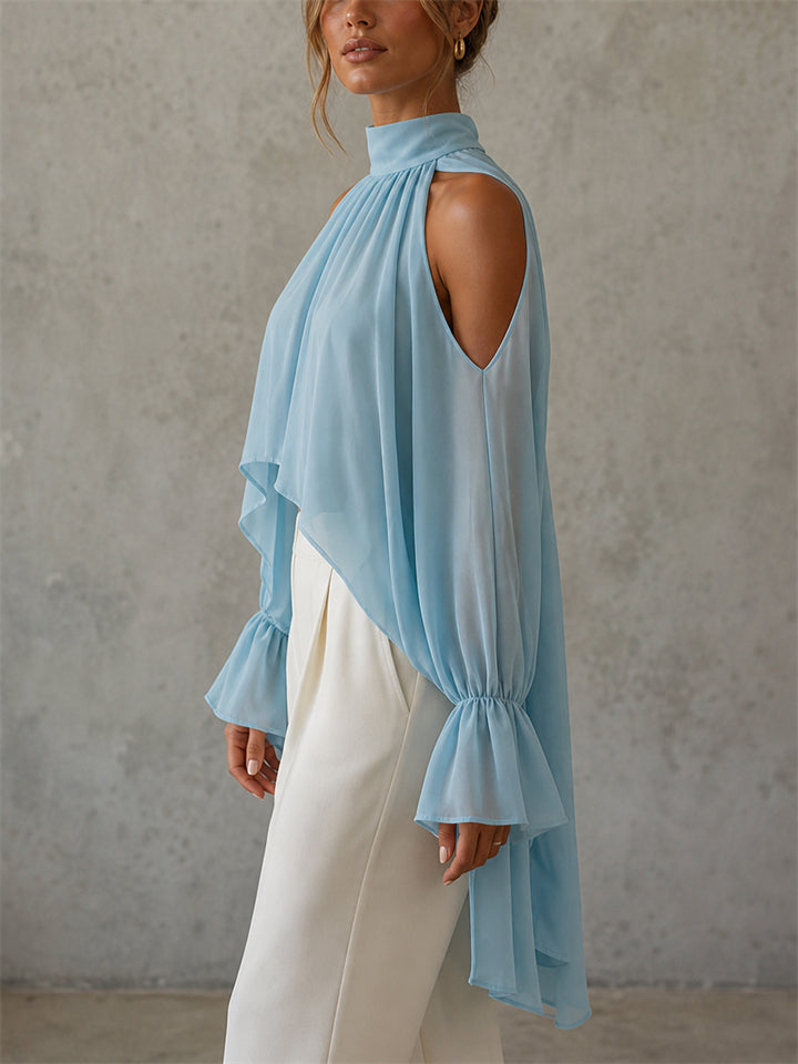 Women Chiffon High Neck Cold Shoulder High Low Blouse Top