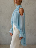 Women Chiffon High Neck Cold Shoulder High Low Blouse Top