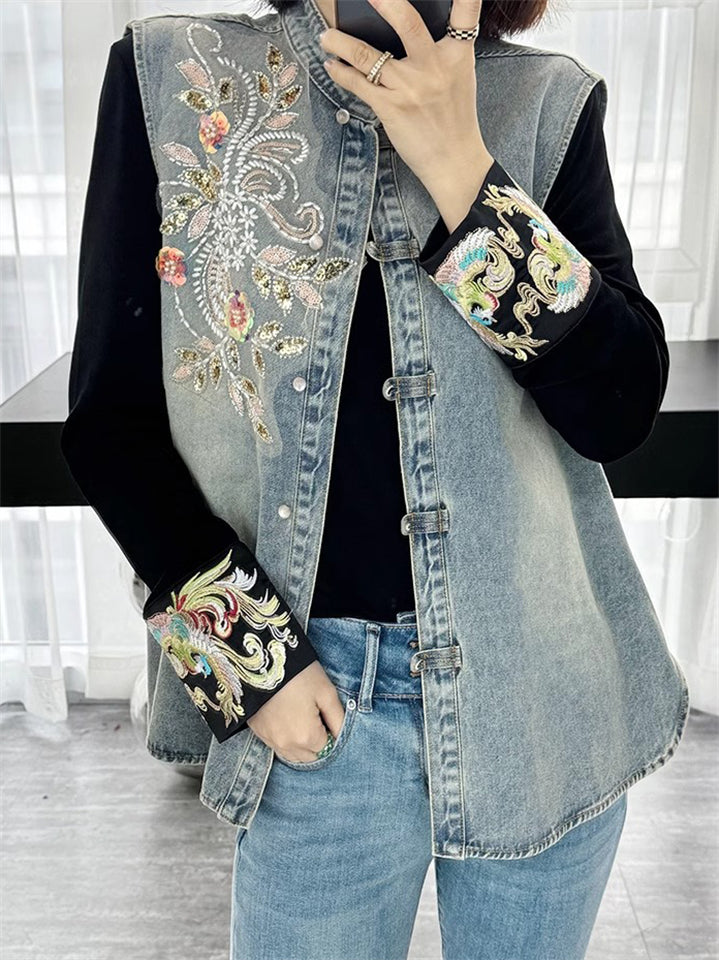 Women's Casual Korean Style  Embroidery Denim Vest Jacket