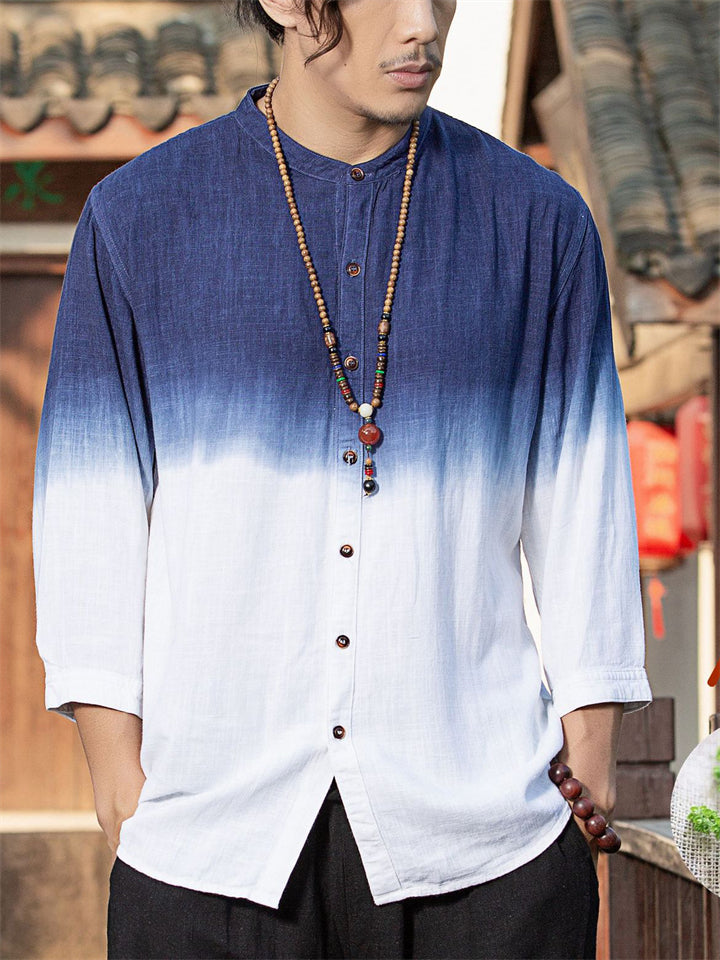 Men's Casual Linen Tie-dye Contrast Color 3/4 Sleeve Shirts