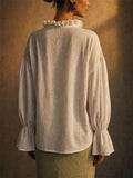 Women White V Neck Ruffle Collar Lantern Sleeve Loose Blouse