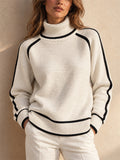 Women Turtleneck Knit Contrast Trim Long Sleeve Pullover Sweater