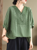 Women's Solid Color Embroidery V Neck Comfy Short Sleeve Shirt