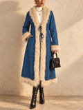 Women Winter Outwear Faux Fur Trim Long Trench Denim Coat