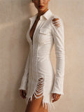Women Zip Long Sleeve White Distressed Denim Mini Dress