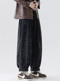 Winter Comfy Elastic Waist Wide Leg Pants for Men with Buttons Details Cuff