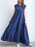 Japanese Style Solid Color Sleeveless Big Hem Maxi Dress
