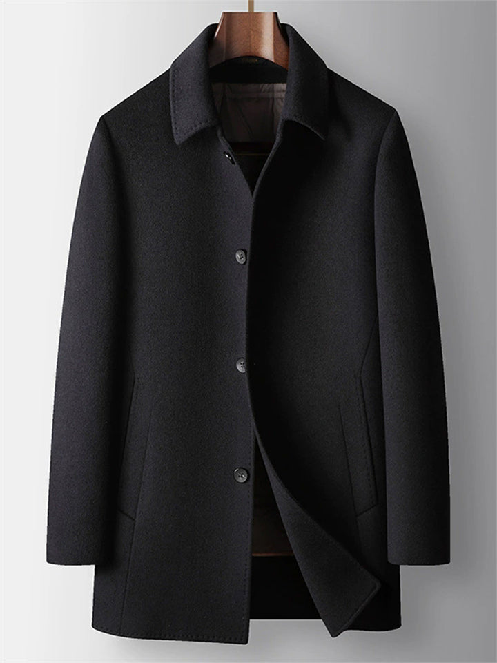 Men's Winter Solid Color Button Up Long Sleeve Lapel Woolen Coats