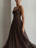 Women Coffee Elegant Flowy Lace Corset Pleated Maxi Dress