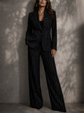 Women's Pink Rhinestone Pinstripe 2 Piece Blazer Wide Leg Pantsuit
