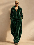 Women Velvet Two Piece Zip Up Top Wide Leg Pants Tracksuit