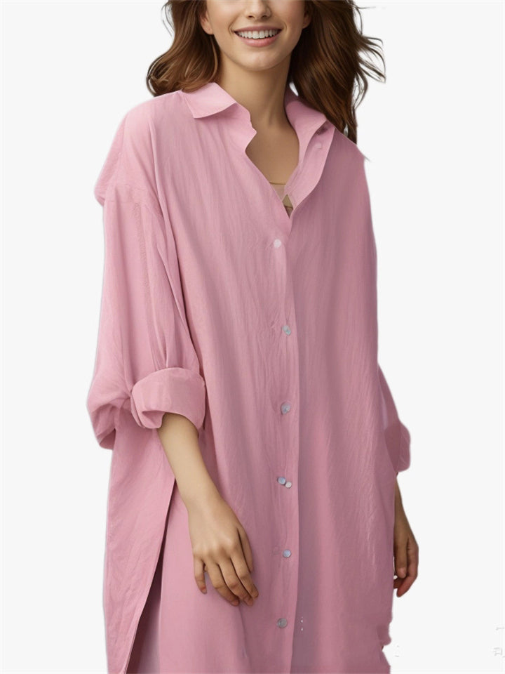 Women's Casual Solid Color 3/4 Sleeve Button Up Lapel Long Shirts