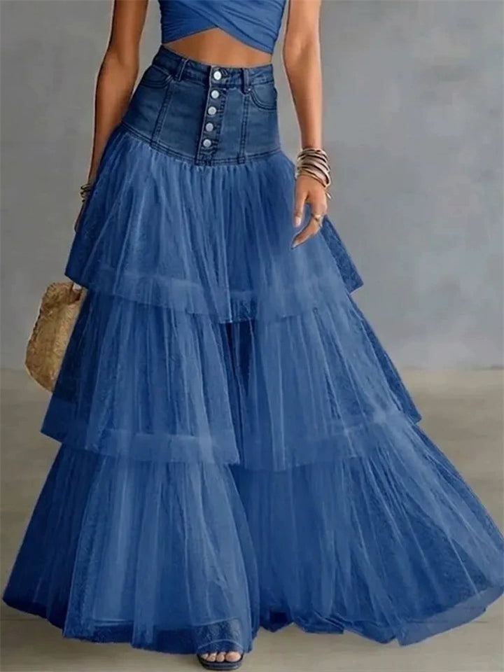 Womens High Waisted Button Front Denim Patchwork Tiered Maxi Skirt