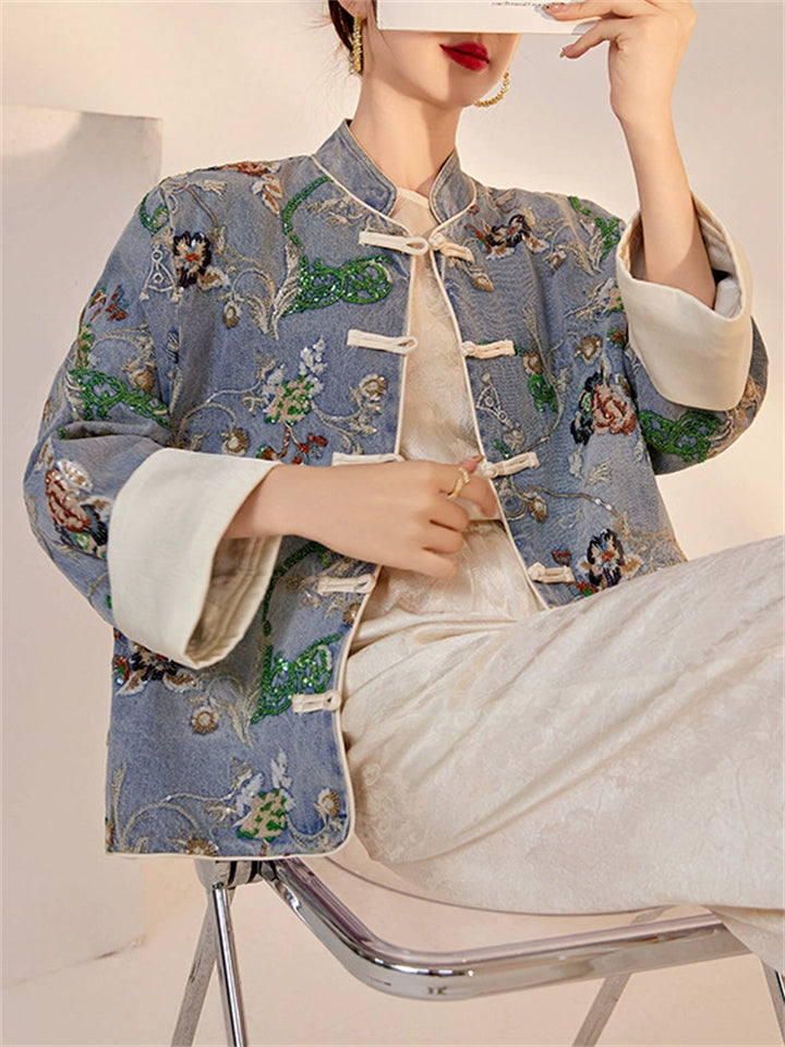 Women Cotton Sequined Embroidered Flower Denim Design Jacket
