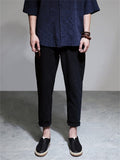 Men's Retro Ramine Solid Color Drawstring Straight Cropped Pants