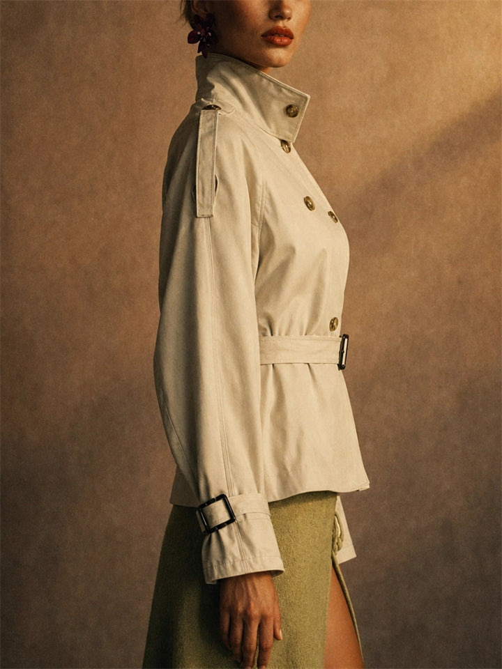 Women Double Breasted Short Trench Coat Belted Jacket